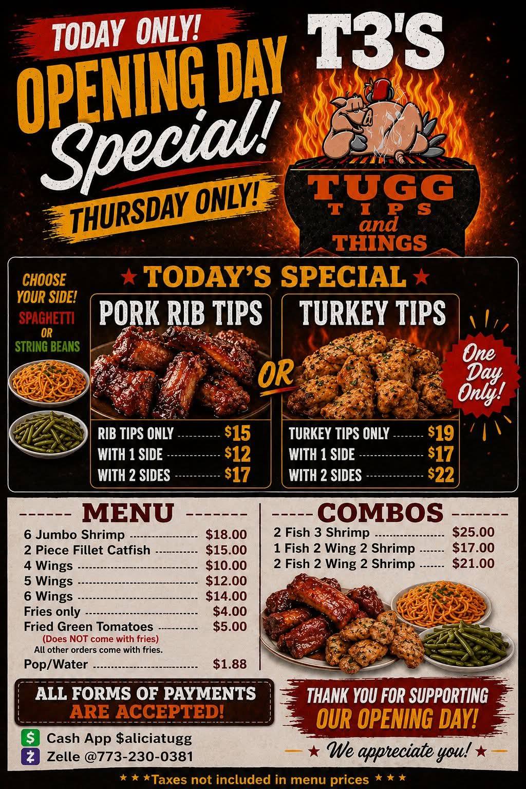 T3's Tugg Tips and Things opening day flyer with full menu and prices